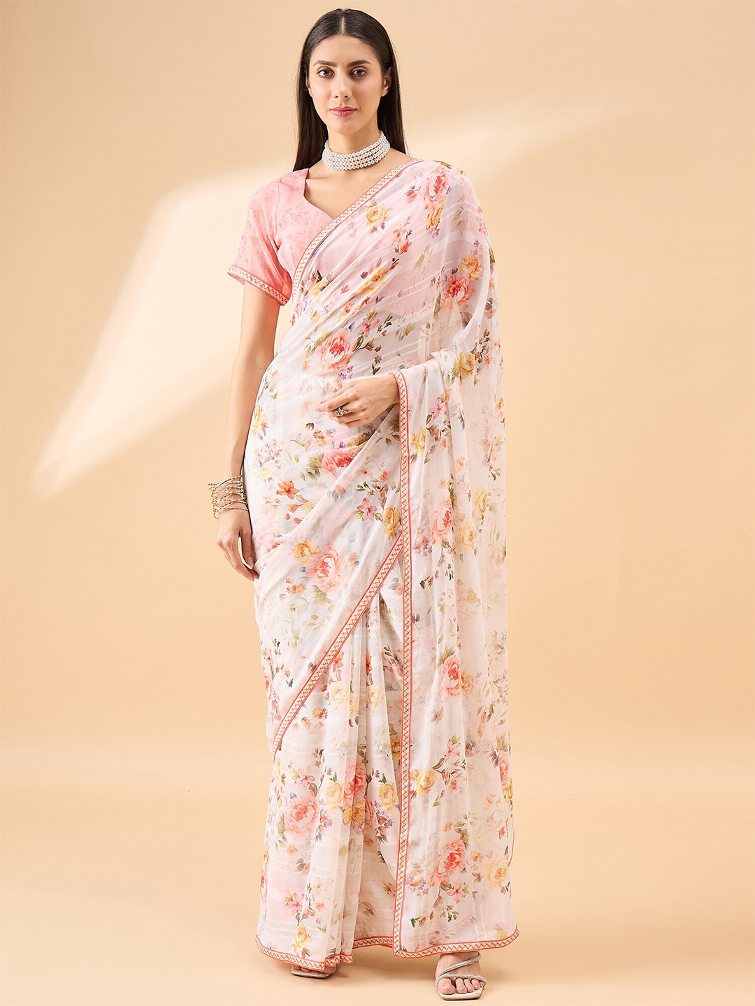 Anouk Floral Printed Pure Georgette Saree, White