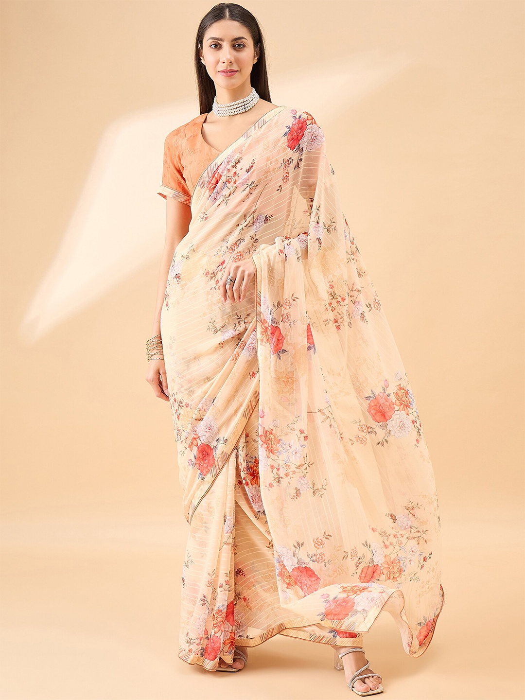 

Anouk Floral Printed Pure Georgette Saree, Peach