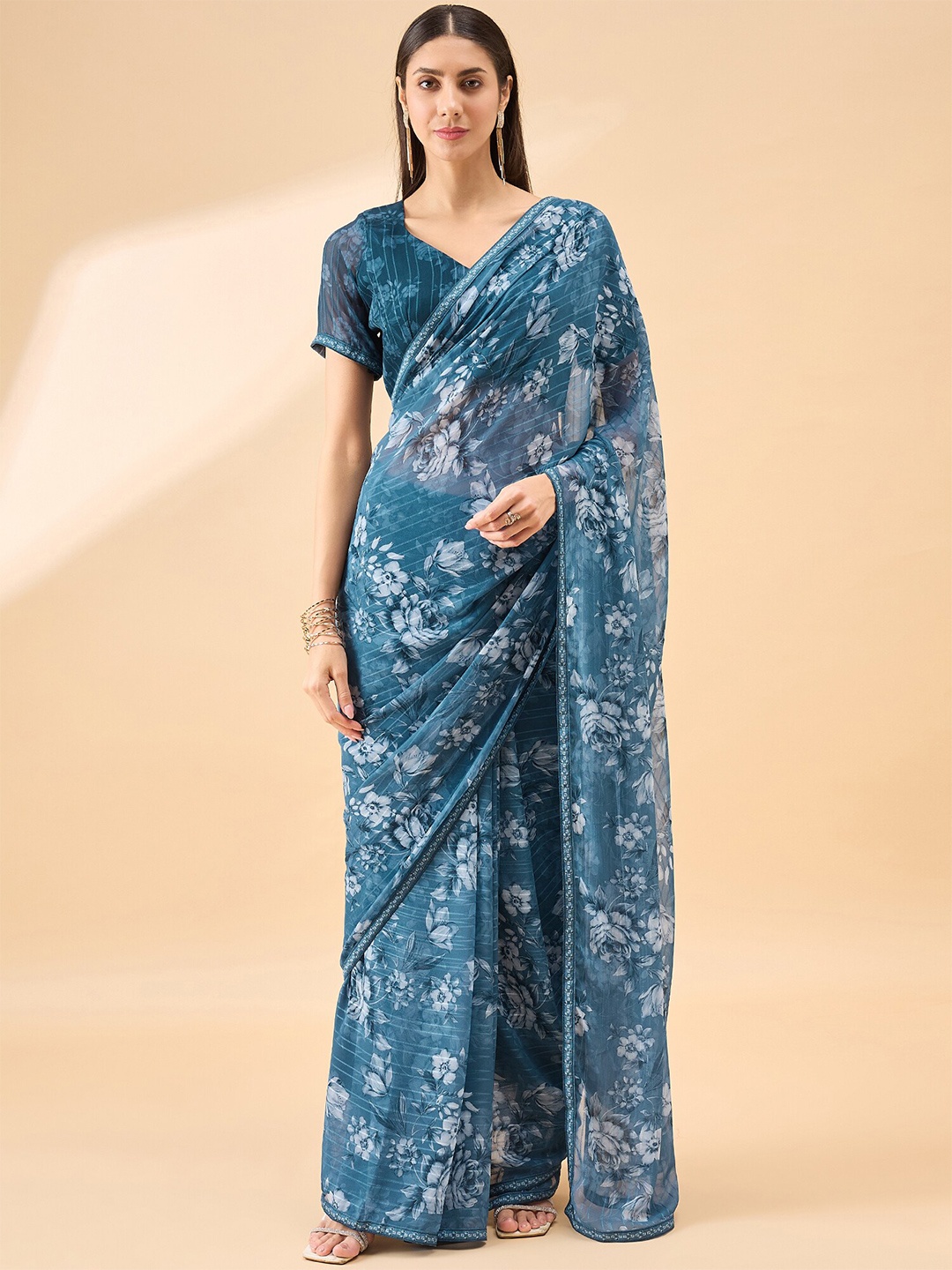 Anouk Floral Printed Saree, Blue