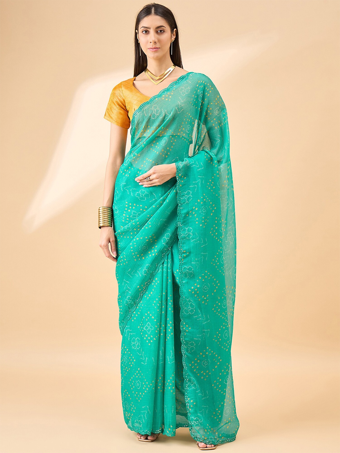 

Anouk Bandhani Printed Sequinned Pure Chiffon Saree, Green