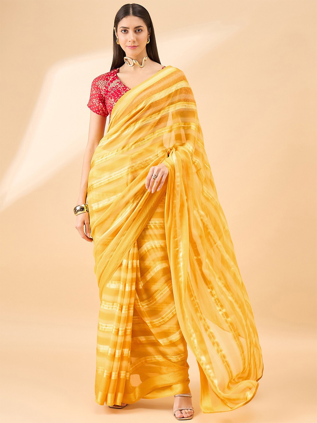 

Anouk Striped Pure Chiffon Saree, Yellow
