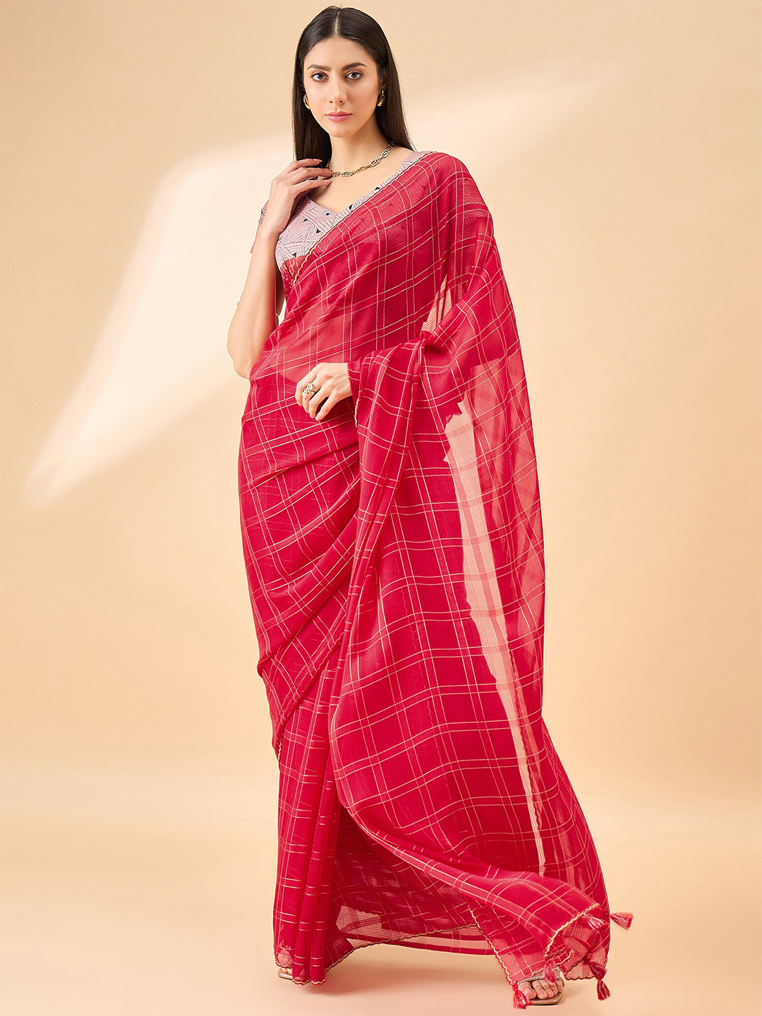 

Anouk Checked Printed Pure Chiffon Saree, Red