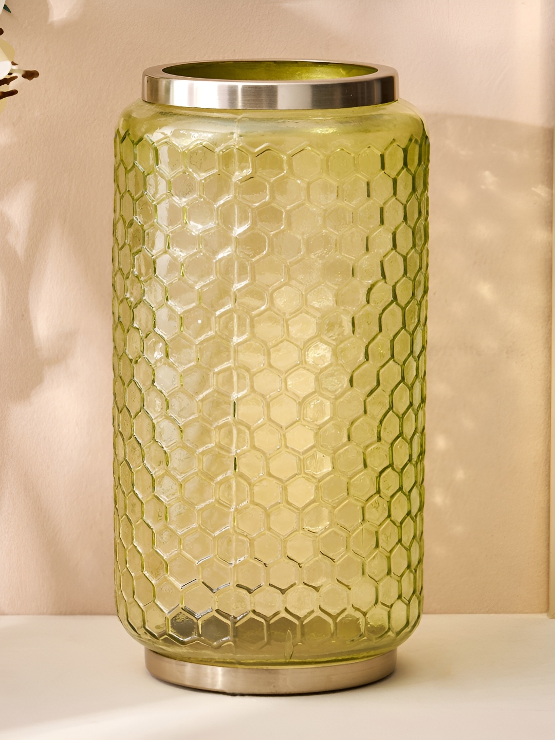 

Home Centre Green 2 Pieces Textured Glass Honeycomb Vases