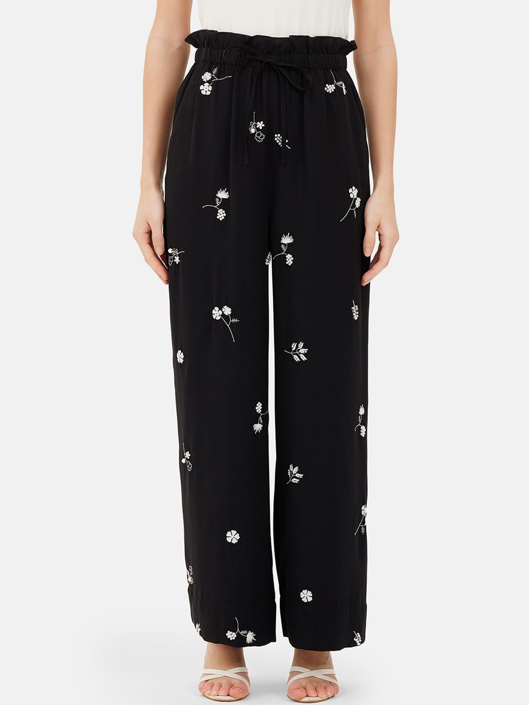 

Kazo Women Floral Embroidered High-Rise Easy Wash Trousers, Black