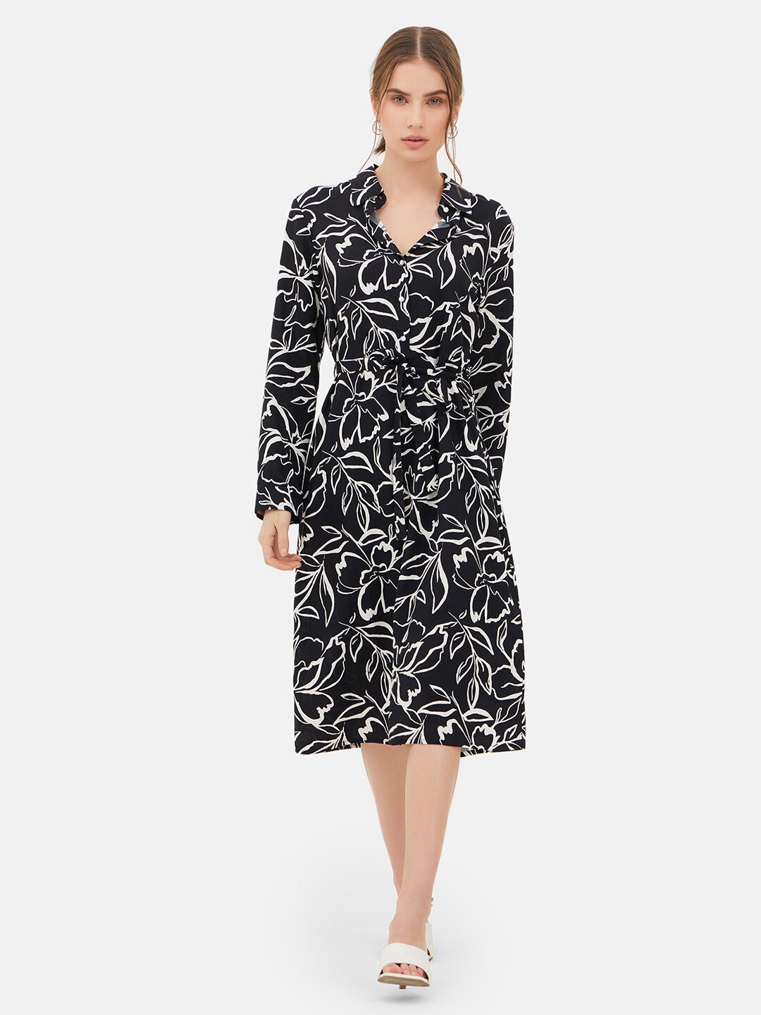 

Kazo Floral Printed Shirt Collar Belted Shirt Midi Dress, Black