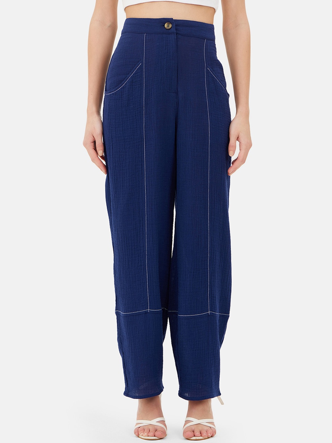 

Kazo Women High-Rise Easy Wash Pleated Relaxed Fit Cotton Trousers, Navy blue