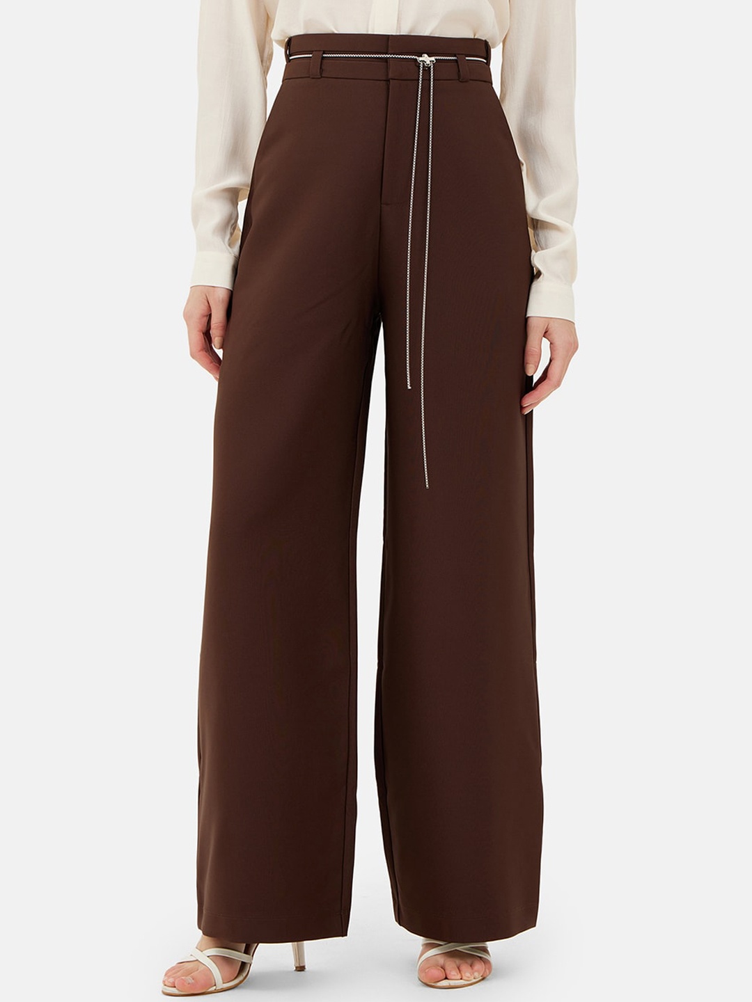 

Kazo Women High-Rise Easy Wash Parallel Trousers With Belt, Brown