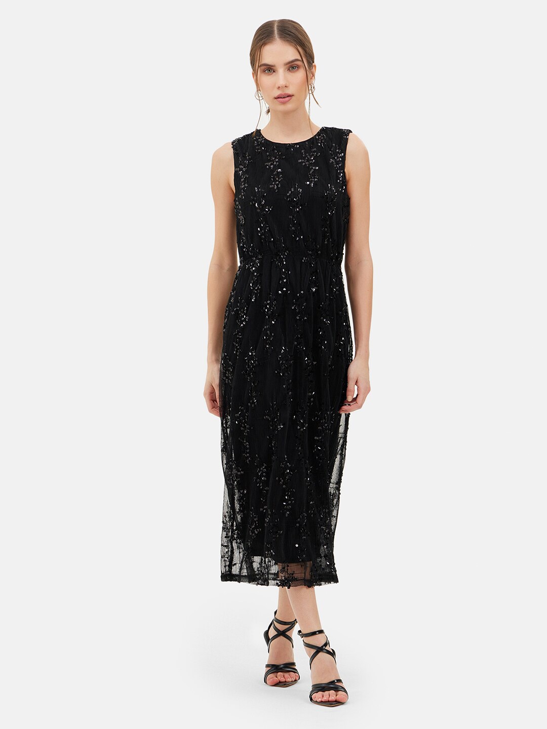 

Kazo Embellished Sequined Satin Sheath Midi Dress, Black