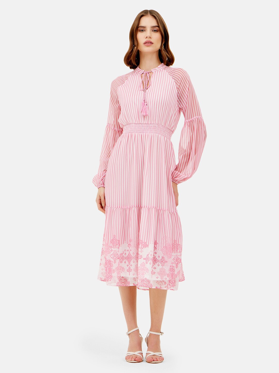 

Kazo Striped Tie-Up Neck Satin Fit & Flare Midi Dress, Pink