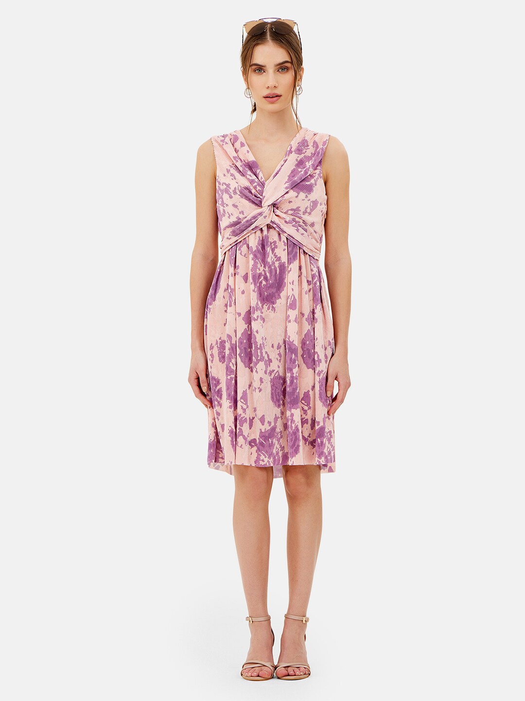

Kazo Abstract Printed V-Neck Cotton A-Line Dress, Pink