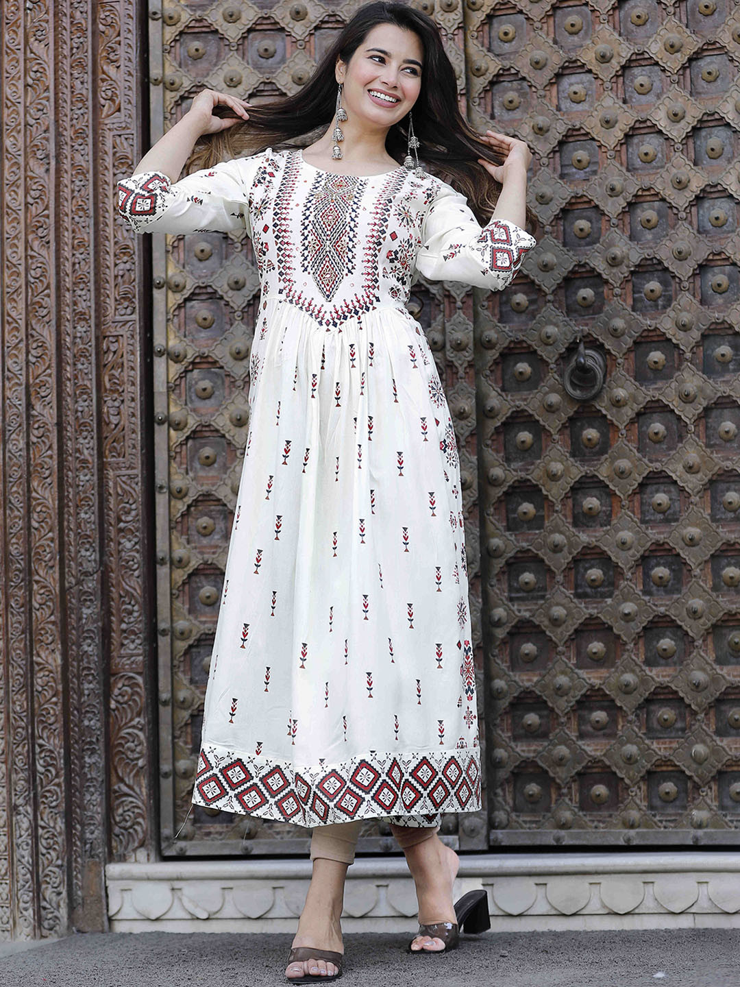 

KALINI Ethnic Motifs Printed A-Line Kurta, White