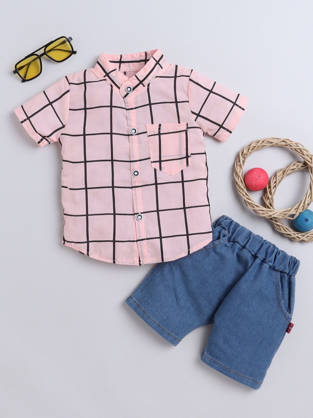 

BAESD Boys Checked Mandarin Collar Short Sleeves Pure Cotton Shirt with Short, Pink