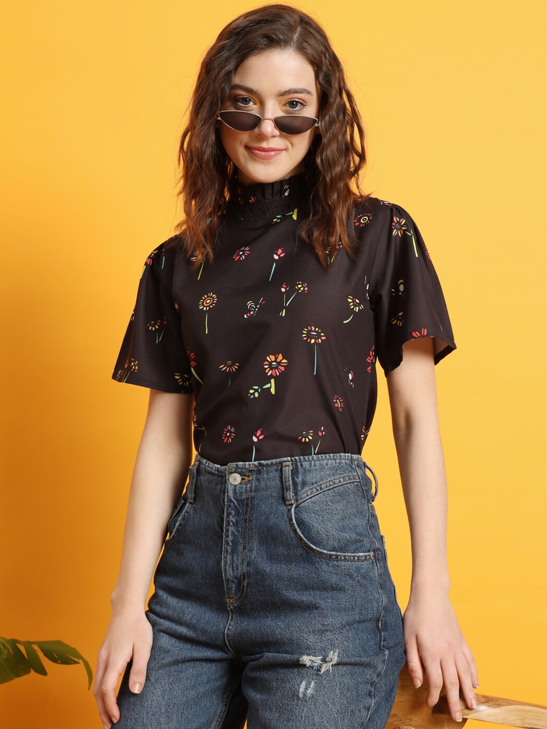 

The Dry State High Neck Floral Printed Top, Black