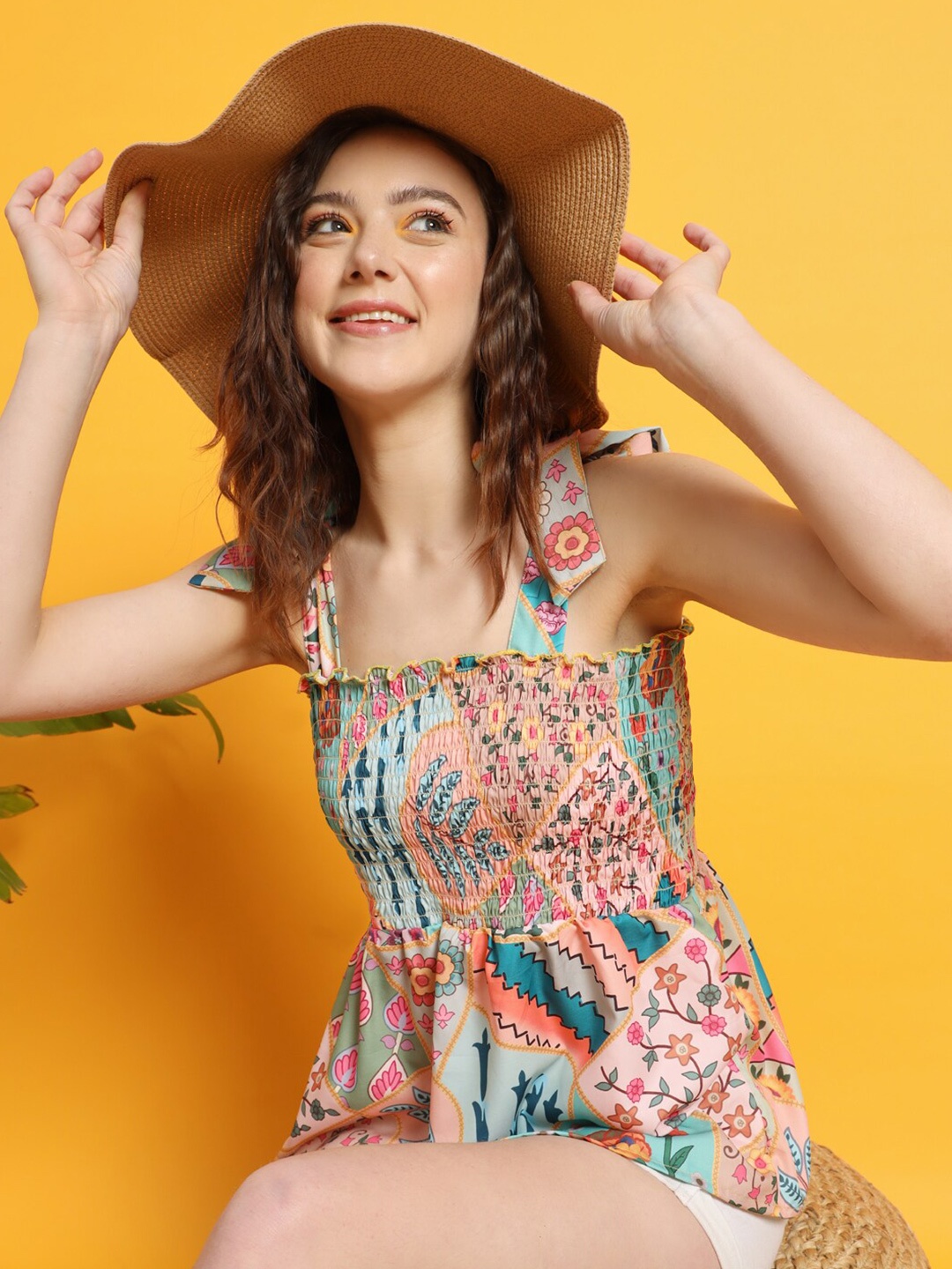 

The Dry State Shoulder Straps Sleeveless Floral Print Top, Peach