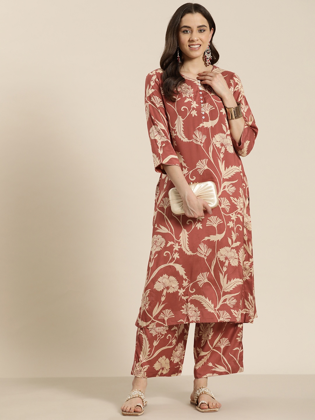 

HERE&NOW Women Floral Printed Regular Kurta with Palazzos, Rust