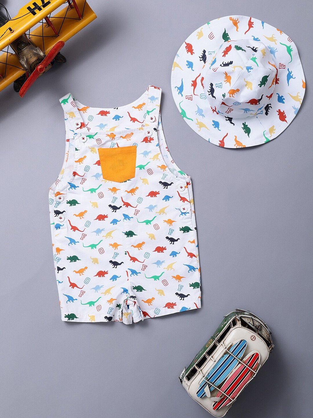 

One Friday Infant Boys Printed Cotton Dungaree With Cap, Off white