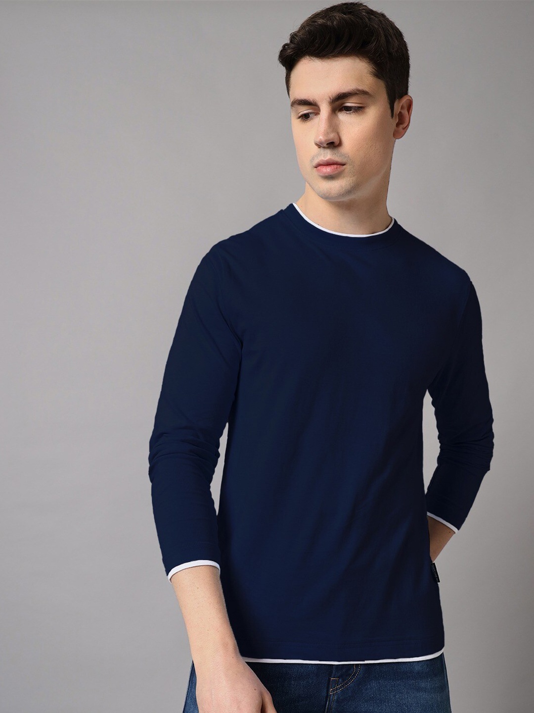 

The Dry State Round Neck Long Sleeves Cotton T-shirt, Navy blue