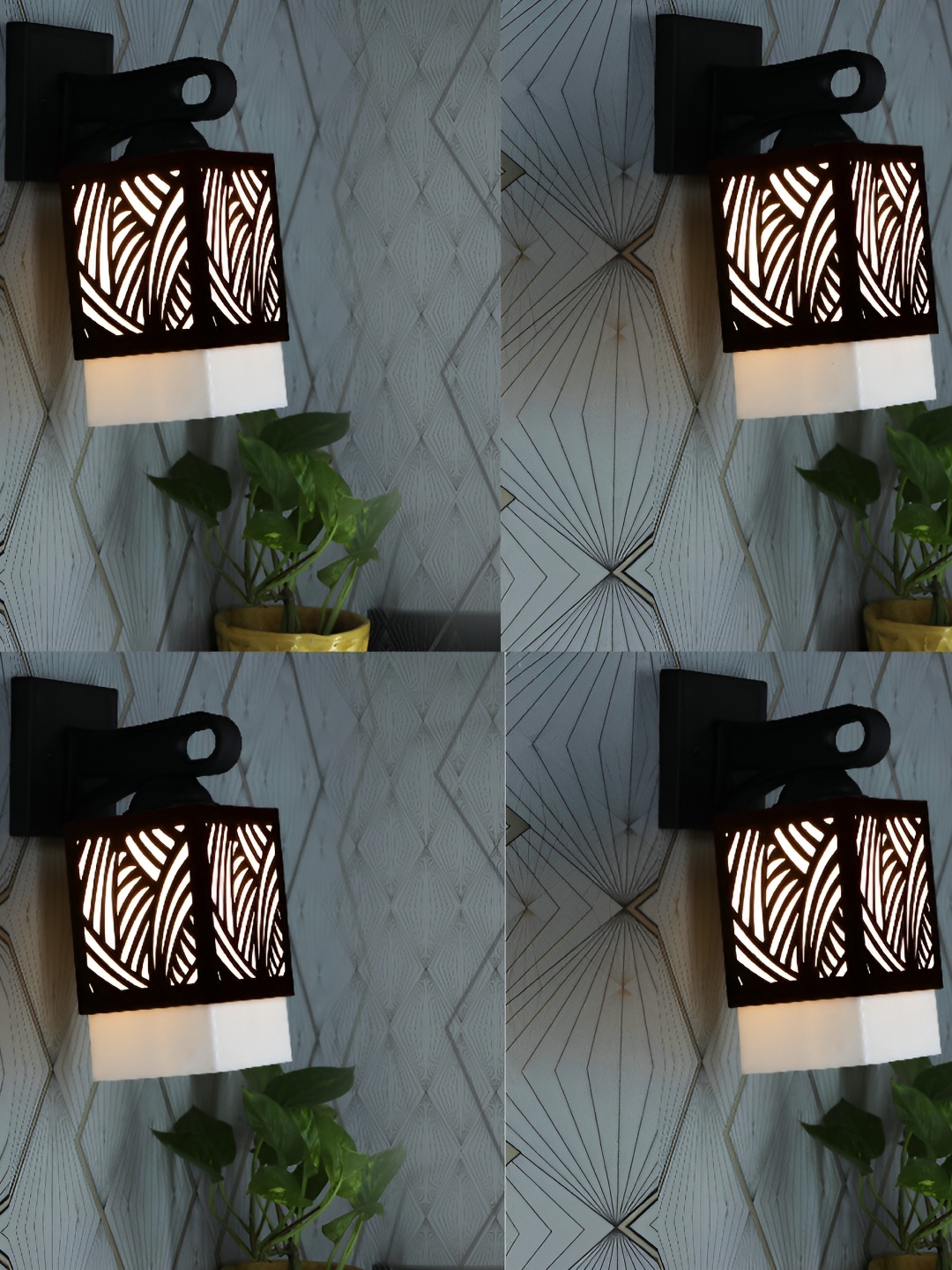 

1ST TIME Black & White 4 Pieces Textured Square Shaped Wooden Wall Lamps