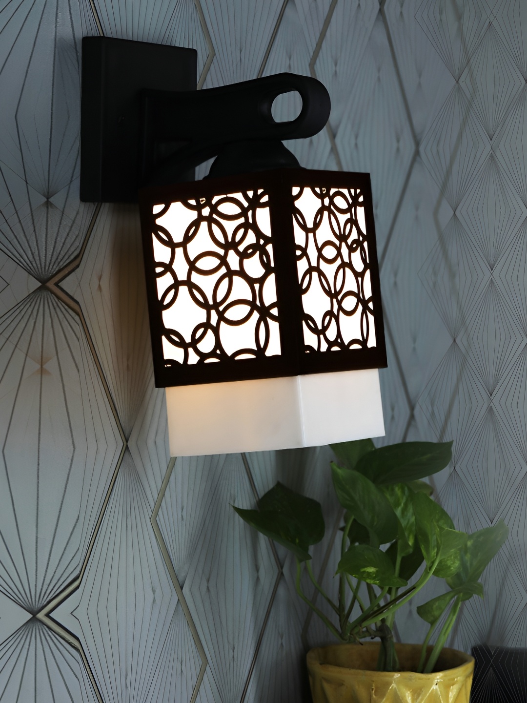 

1ST TIME White & Black Textured Wooden Traditional Square Shaped Wall Lamp