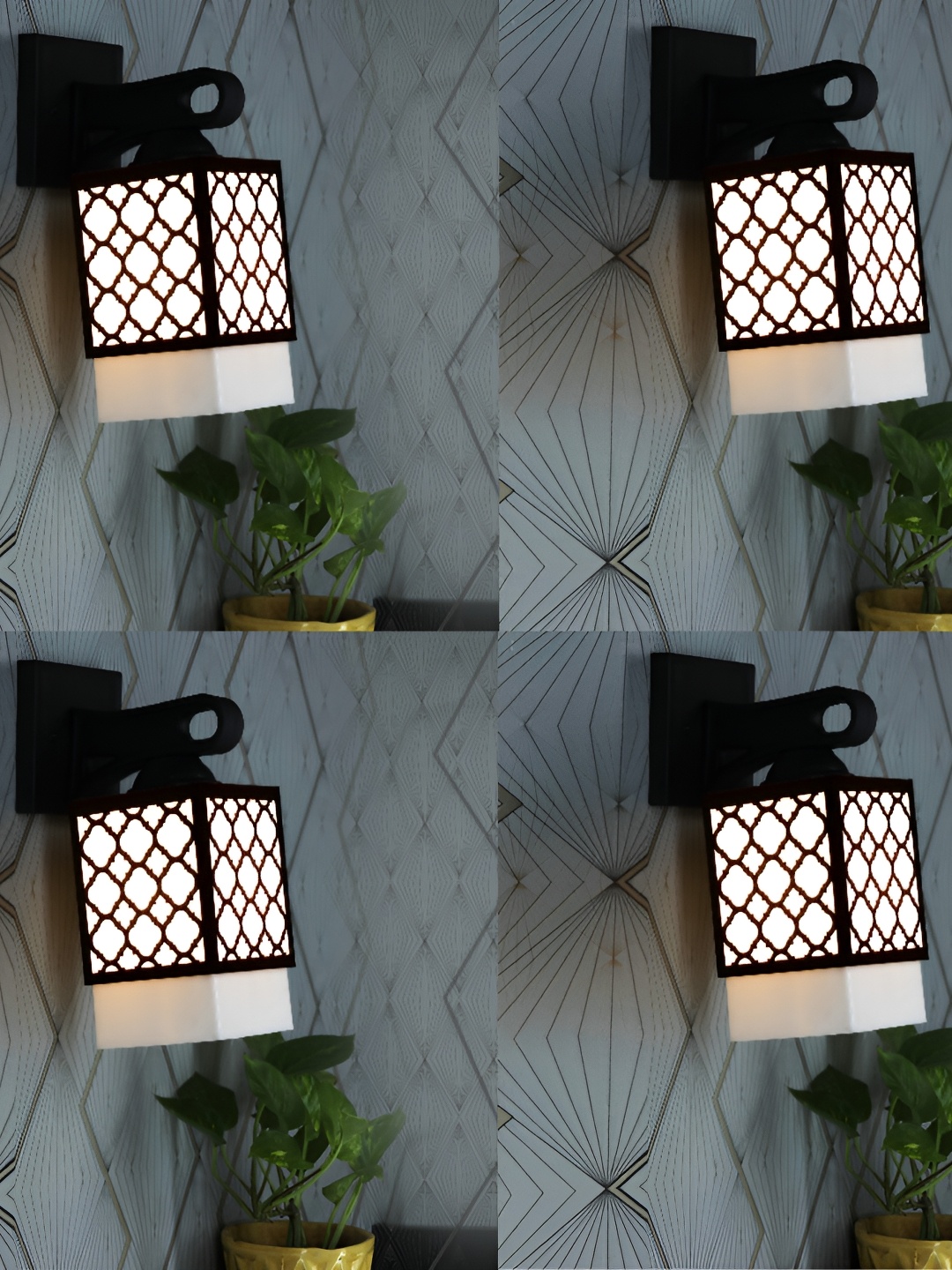 

1ST TIME White & Black 4 Pcs Textured Wooden Traditional Square Shaped Wall Lamp