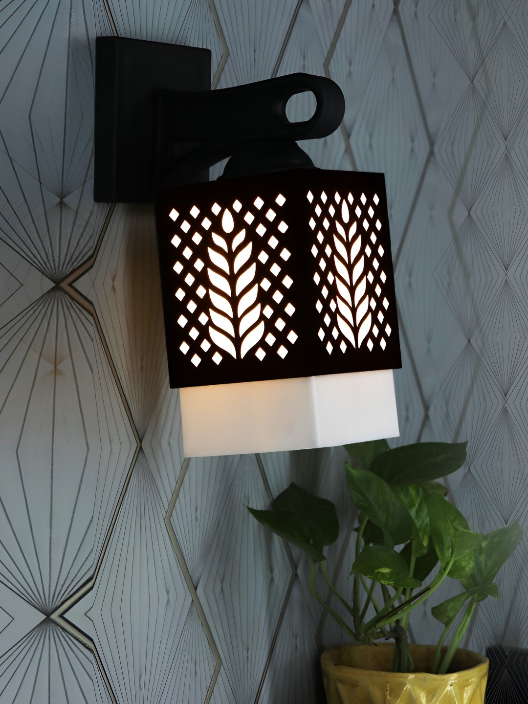 

1ST TIME Black & White Textured Wooden Traditional Square Shaped Wall Lamp
