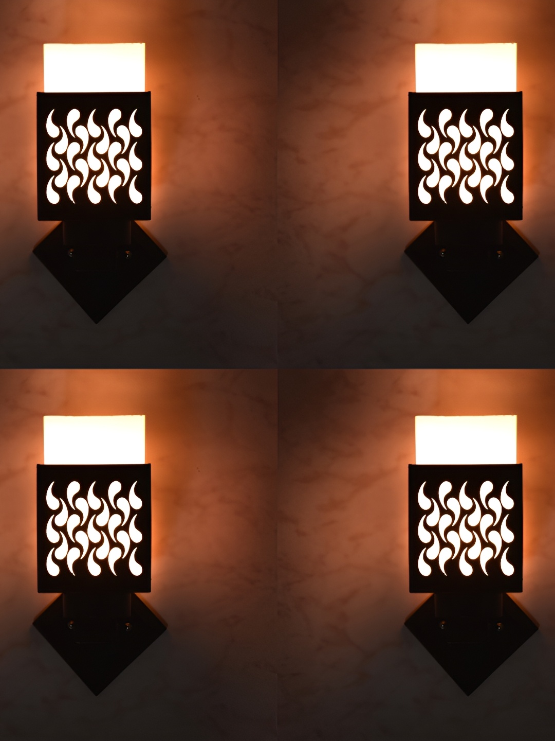 

1ST TIME White & Black 4 Pcs Textured Wooden Traditional Square Shaped Wall Lamp