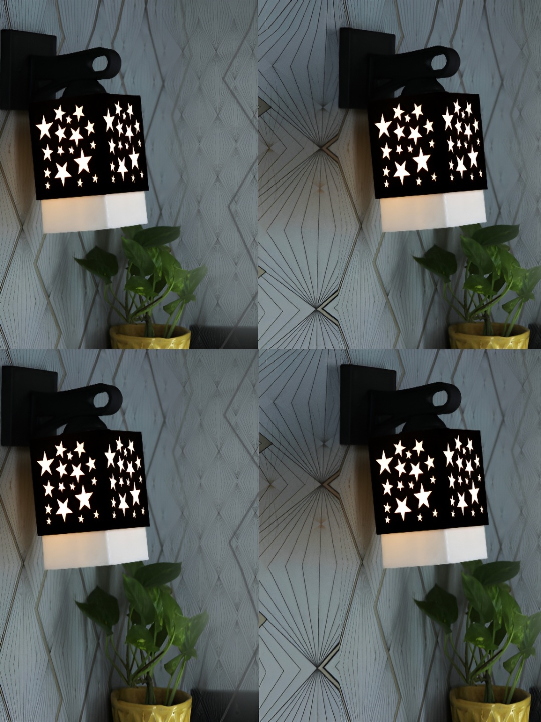 

1ST TIME White & Black 4 Pieces Textured Wooden Square Shaped Wall Lamp