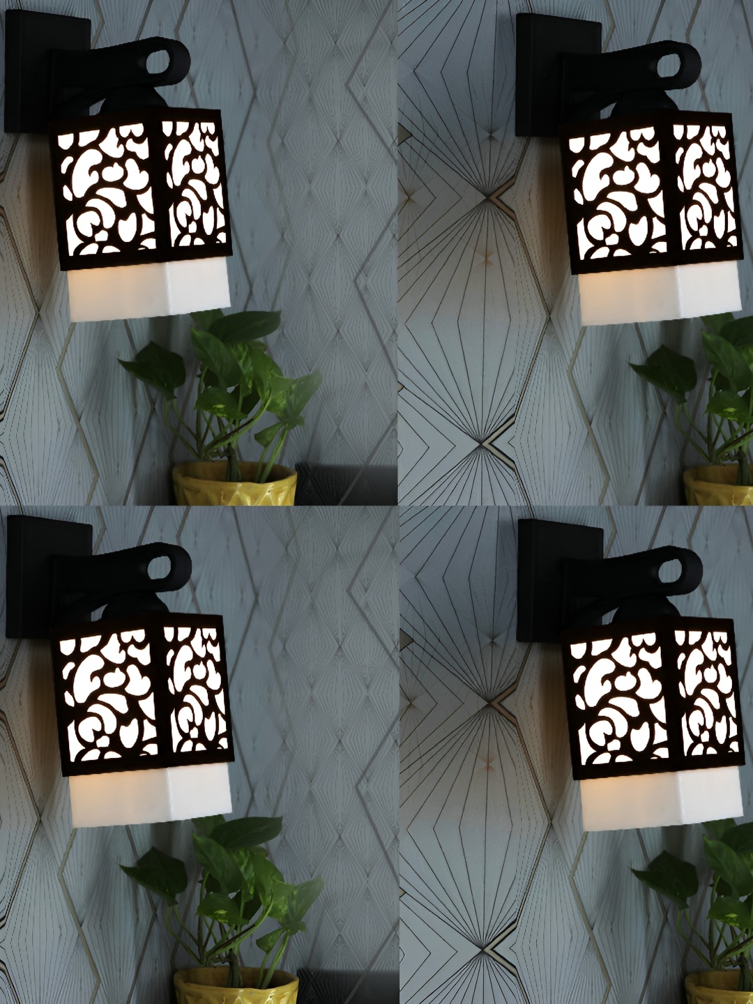 

1ST TIME White & Black 4 Pieces Textured Wood Traditional Square Shaped Wall Lamps
