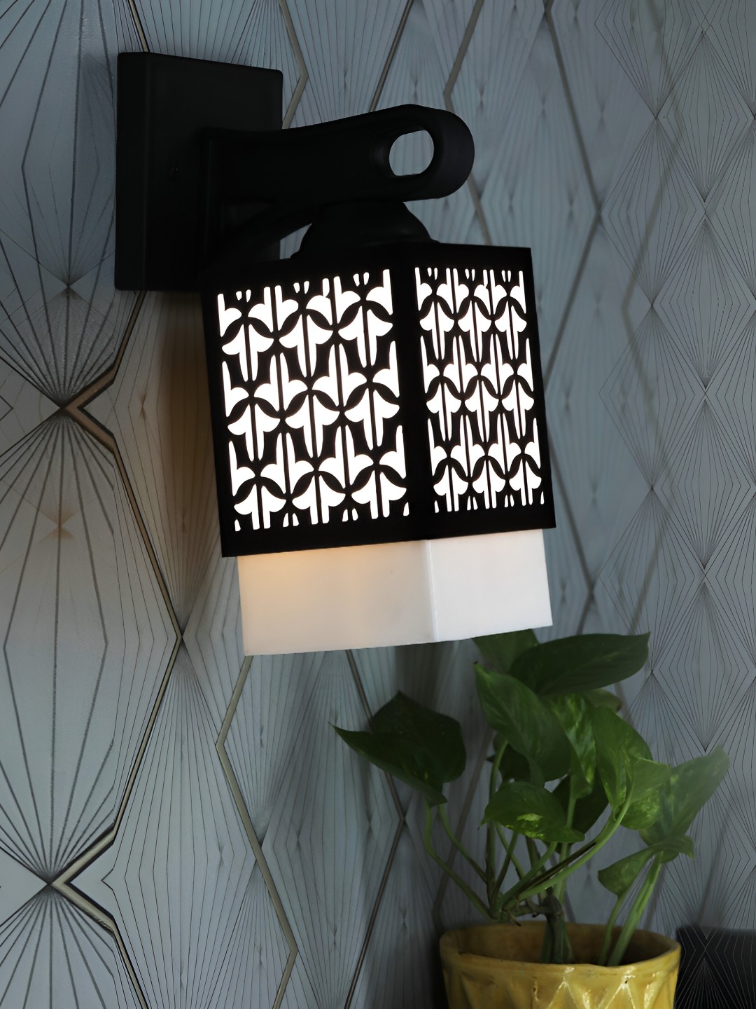 

1ST TIME Black & White Textured Wooden Traditional Square Shaped Wall Lamp