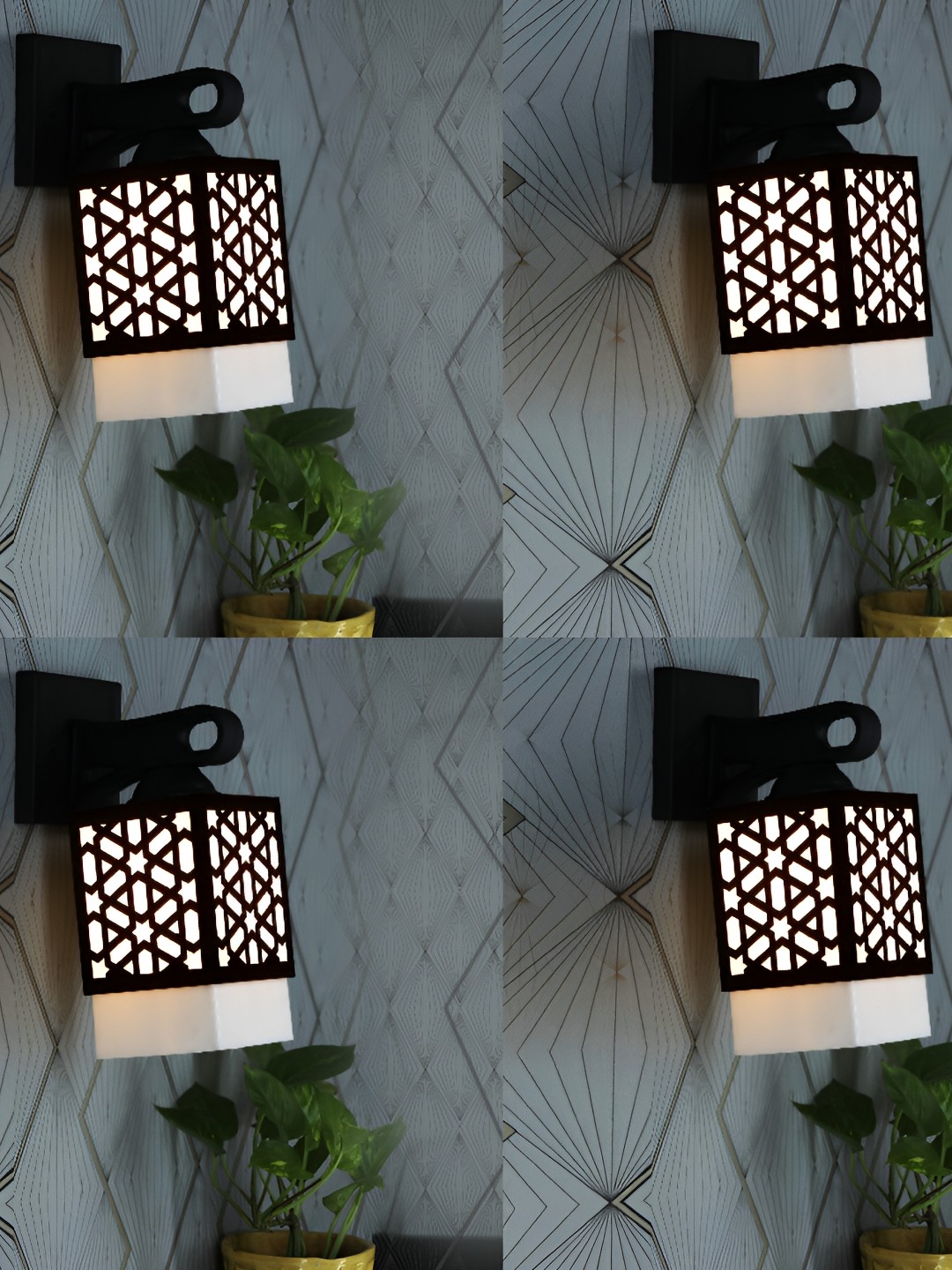 

1ST TIME White & Black 4 Pieces Textured Wood Traditional Square Shaped Wall Lamps