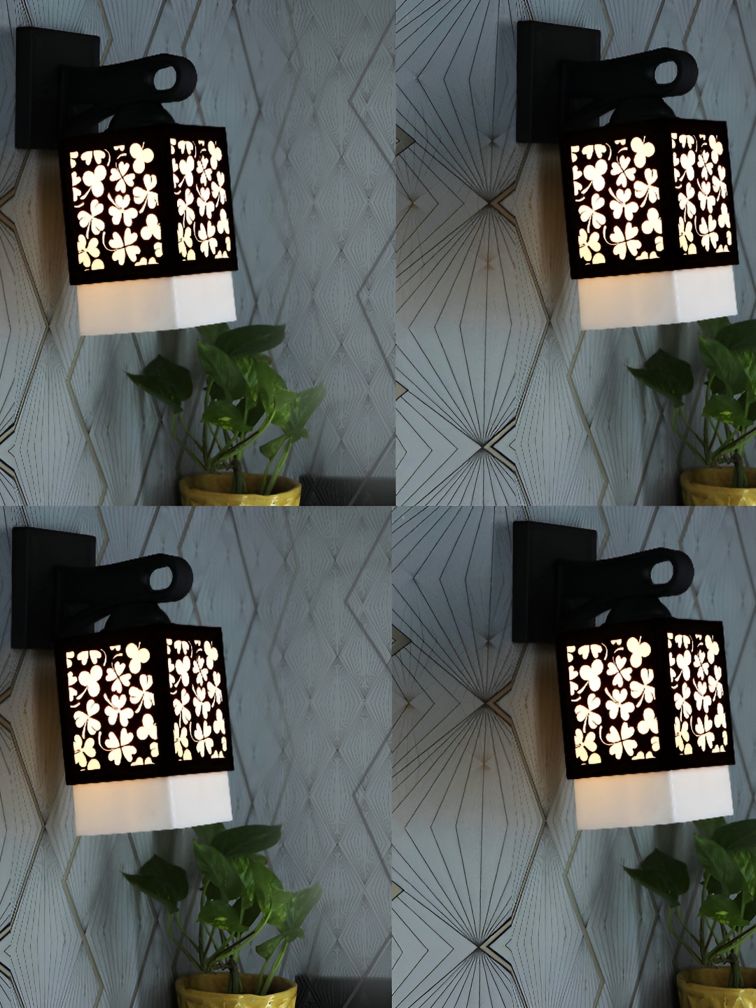 

1ST TIME White & Brown 4 Pieces Textured Wood Traditional Square Shaped Wall Lamps