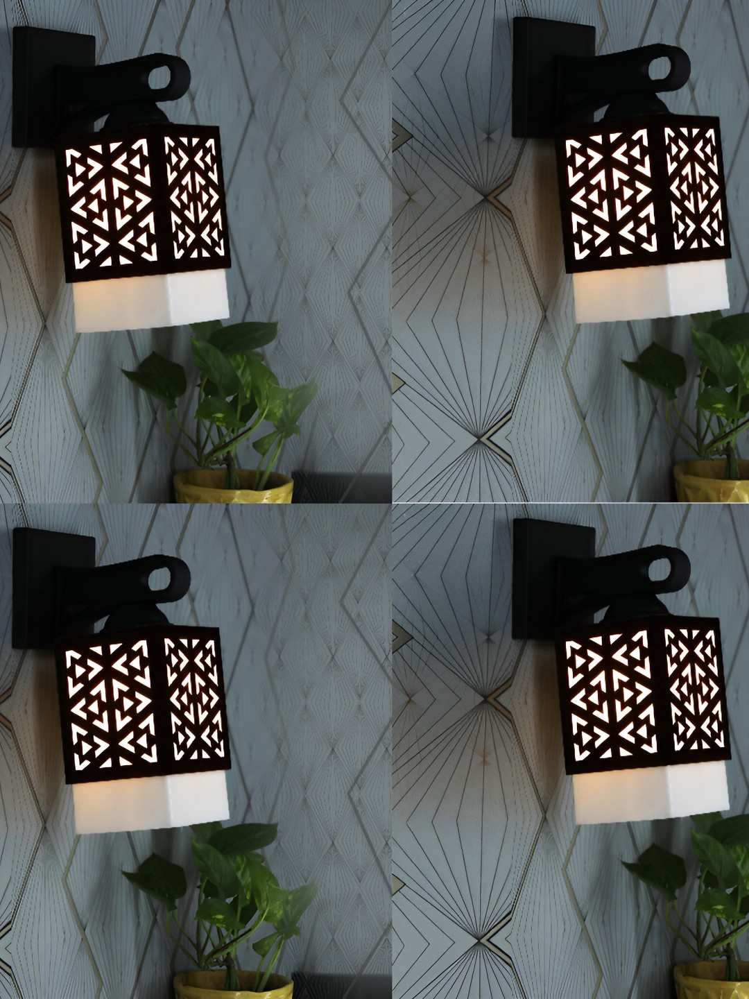 

1ST TIME White & Black 4 Pieces Textured Wood Traditional Square Shaped Wall Lamps