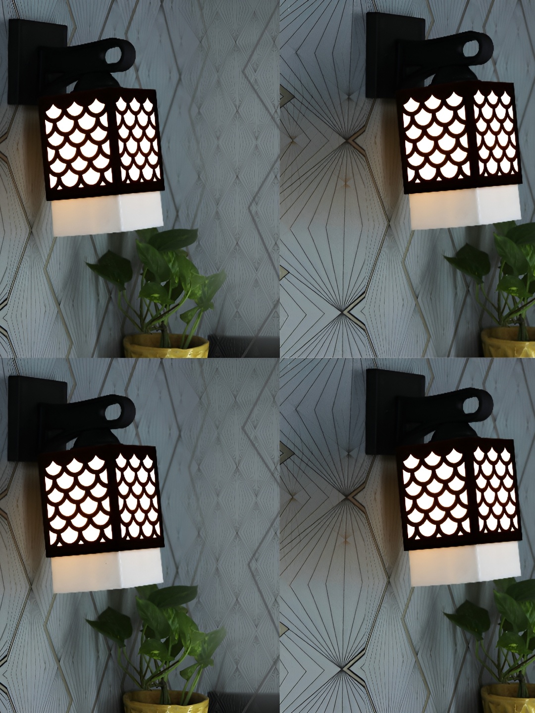 

1ST TIME White & Black 2 Pieces Textured Wooden Traditional Square Shaped Wall Lamps