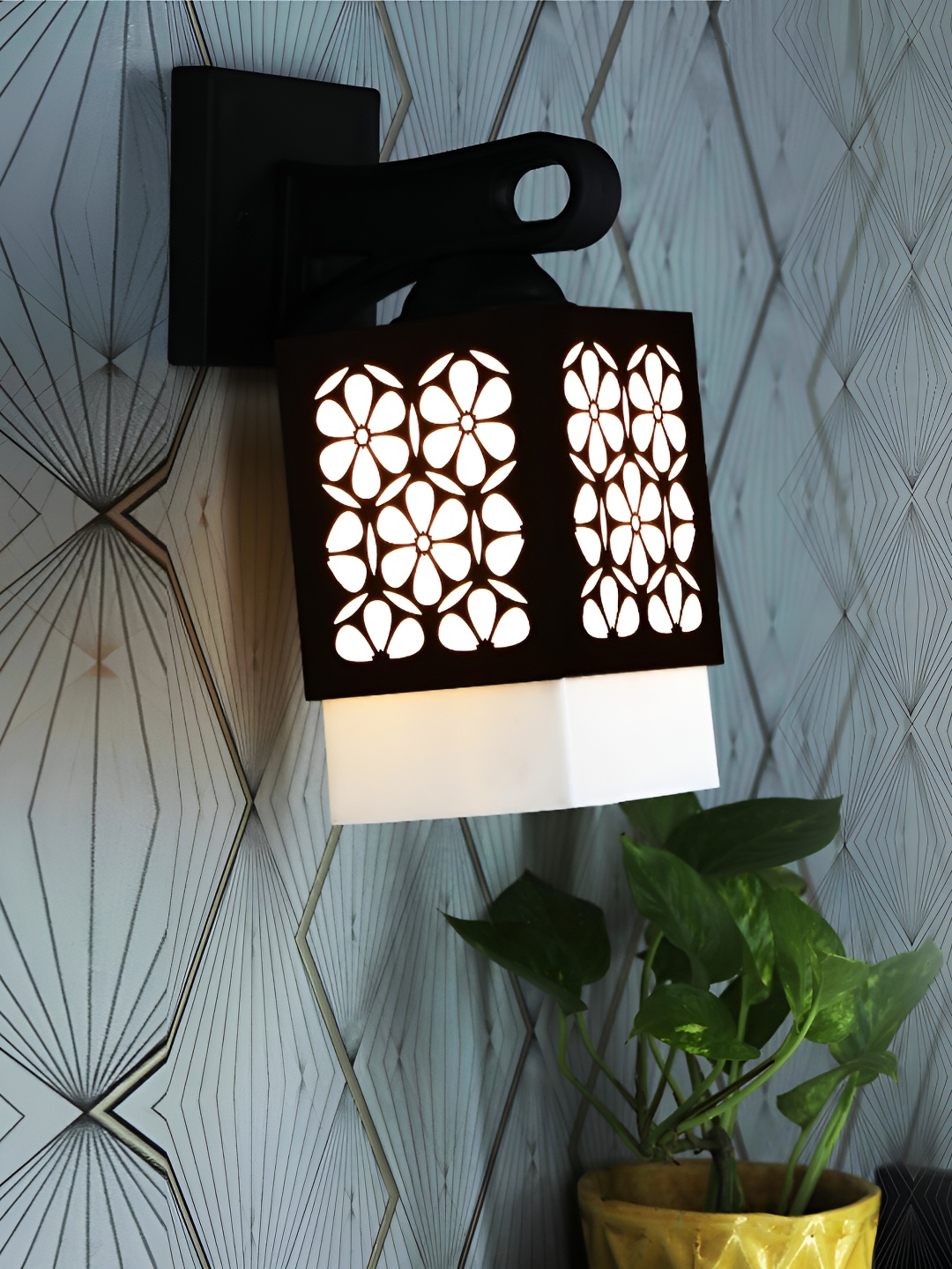 

1ST TIME Black & White Textured Wooden Traditional Square Shaped Wall Lamp