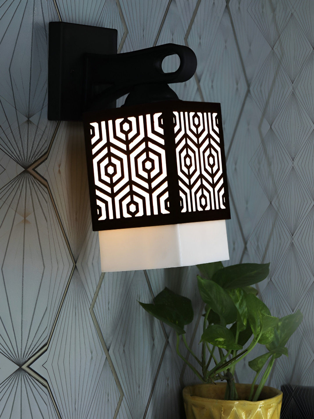 

1ST TIME White & Black Textured Wooden Traditional Square Shaped Wall Lamp