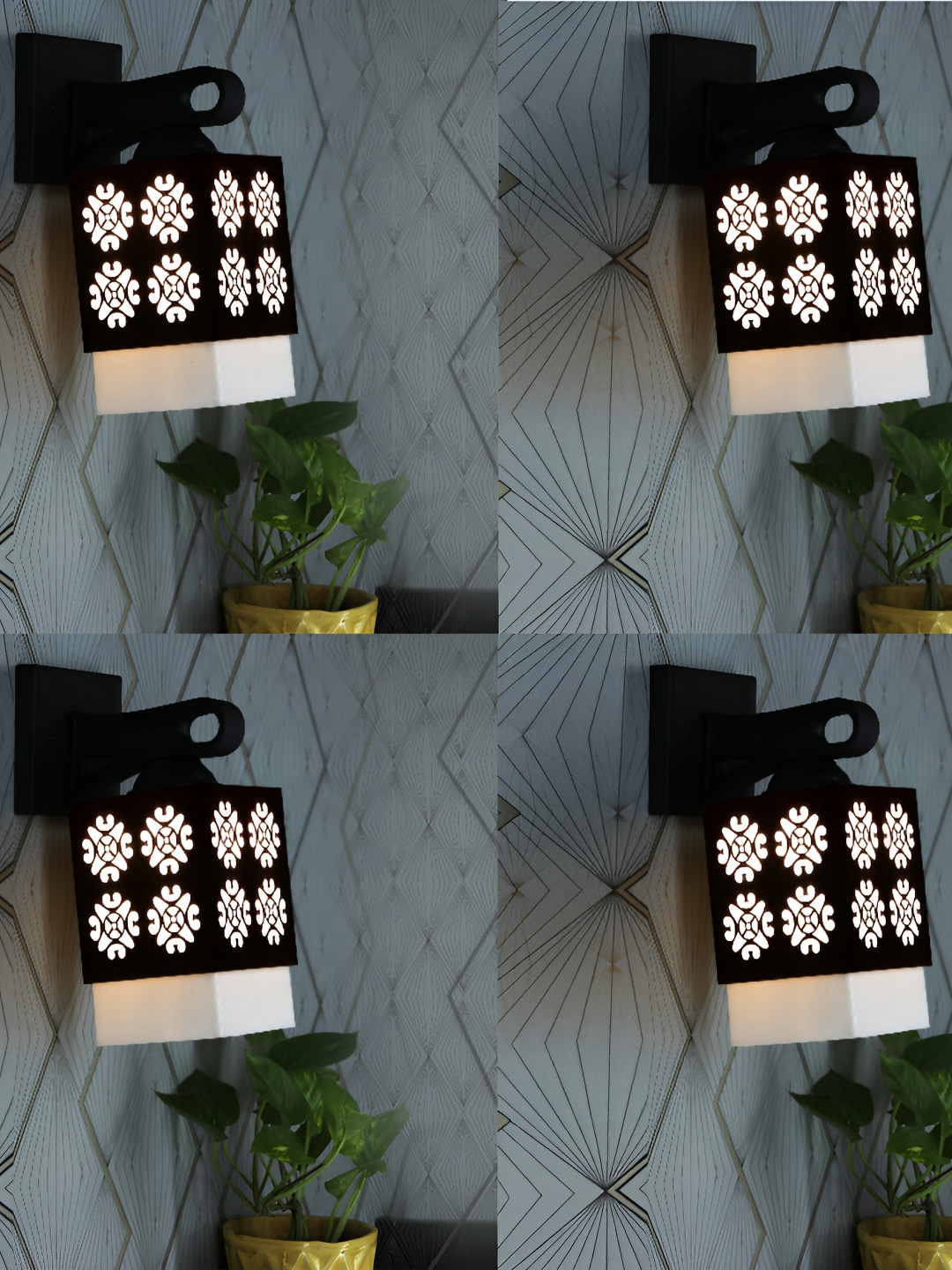 

1ST TIME White & Black 4 Pcs Textured Wooden Traditional Square Shaped Wall Lamp