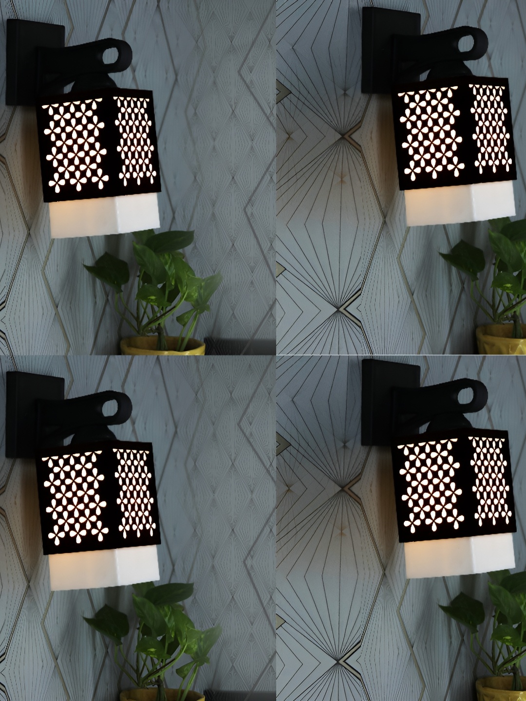 

1ST TIME White & Black 4 Pieces Textured Square Shaped Wooden Wall Lamps