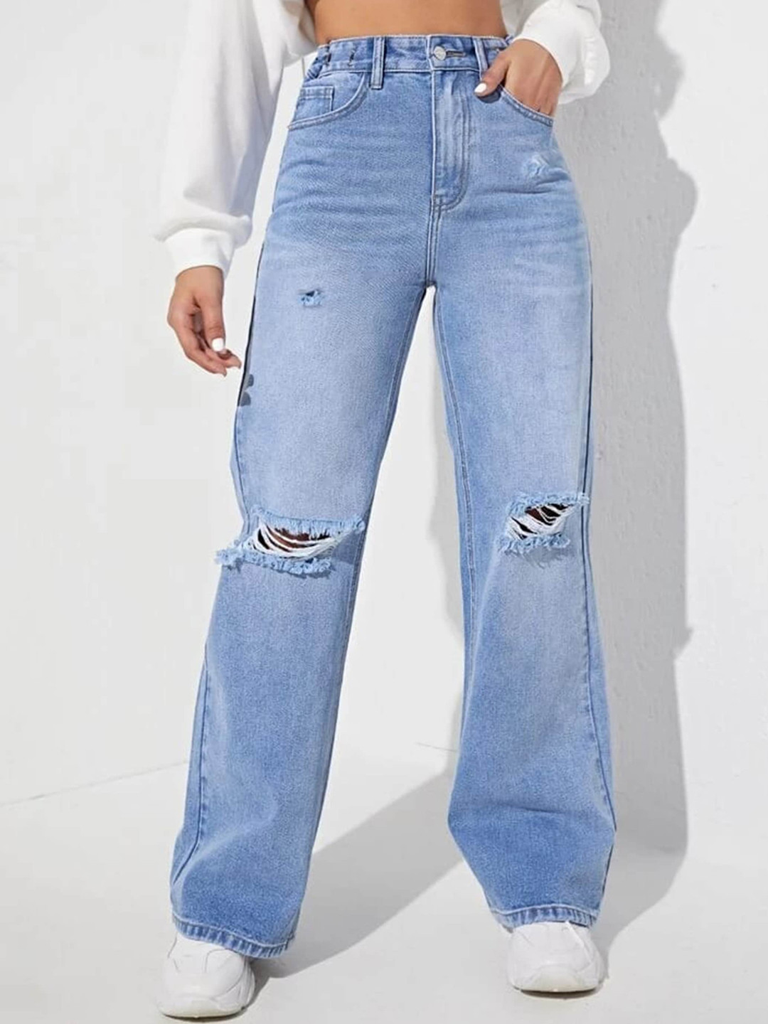 

N N ENTERPRISE Women Body Straight Fit High-Rise Highly Distressed Light Fade Cotton Jeans, Blue