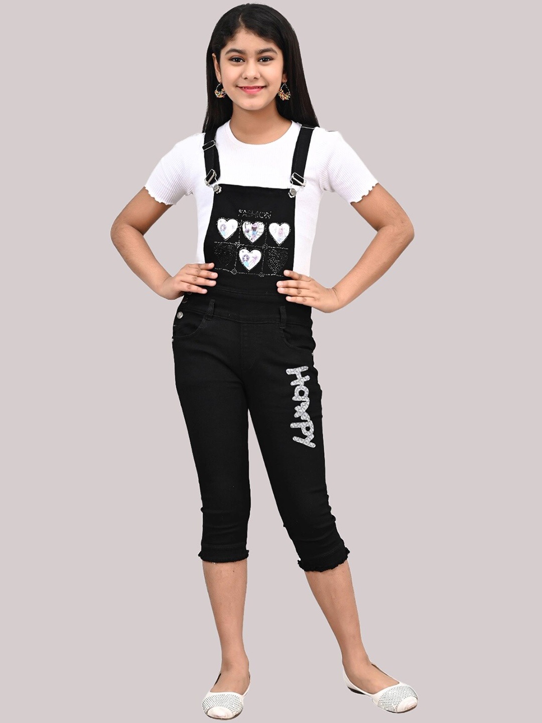 

Elendra jeans Girls Slim-Fit Capri Denim Dungarees, Black