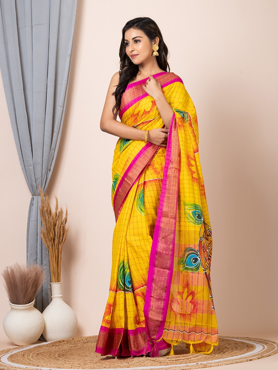 

HOUSE OF ARLI Ethnic Motifs Printed Zari Silk Cotton Saree, Yellow