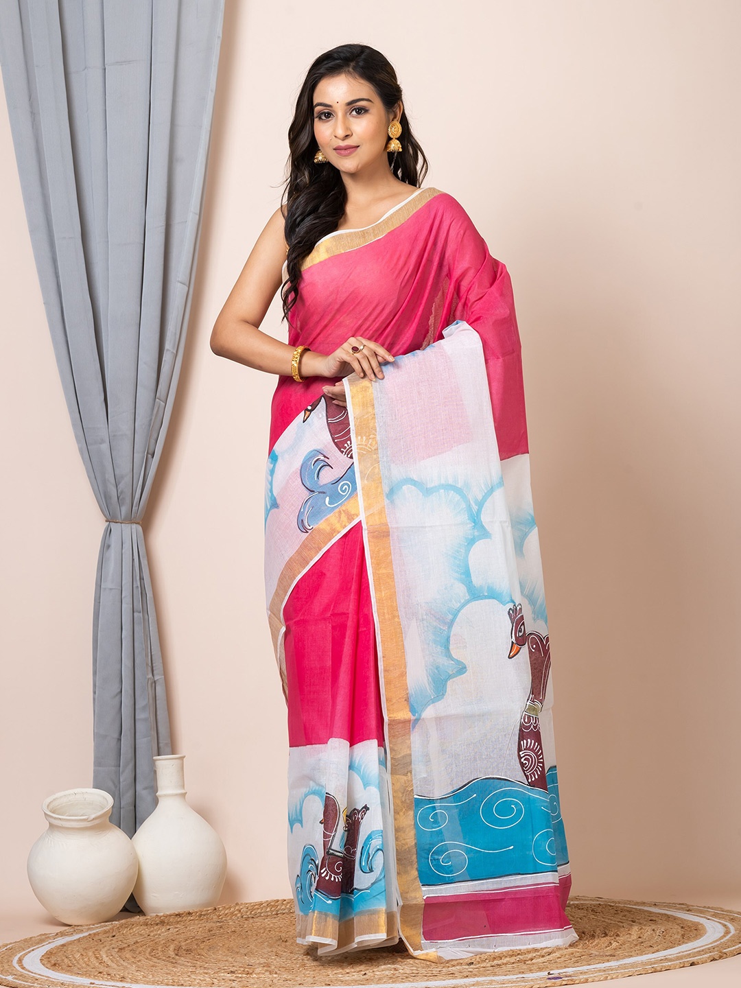 

HOUSE OF ARLI Ethnic Motifs Zari Pure Cotton Saree, Pink