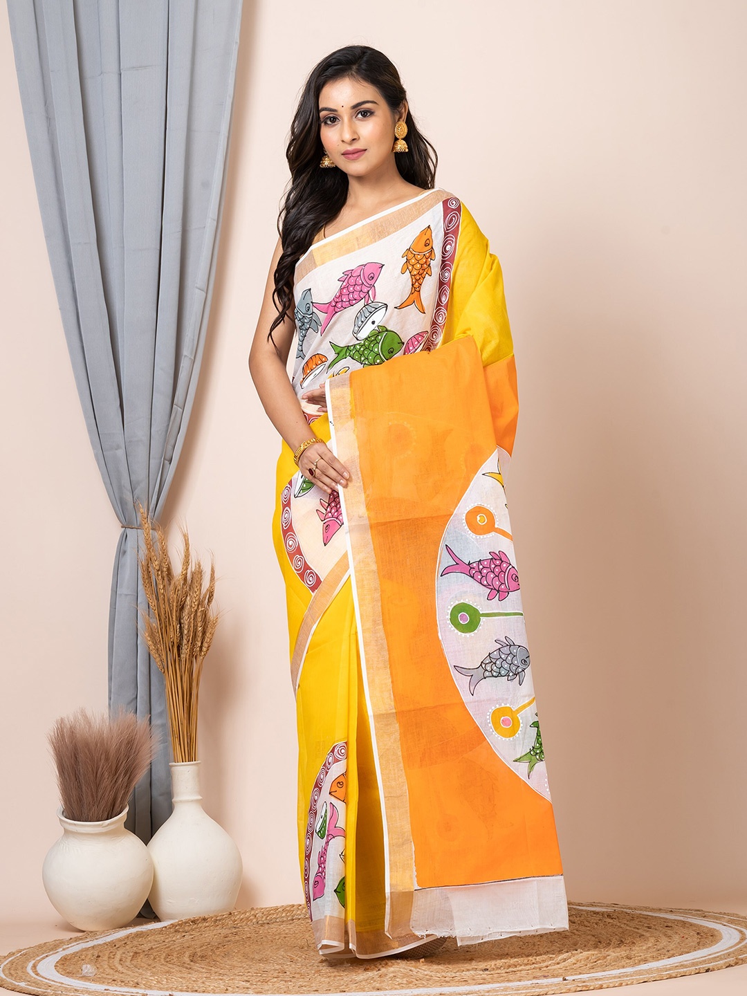 

HOUSE OF ARLI Ethnic Motifs Zari Pure Cotton Saree, Yellow