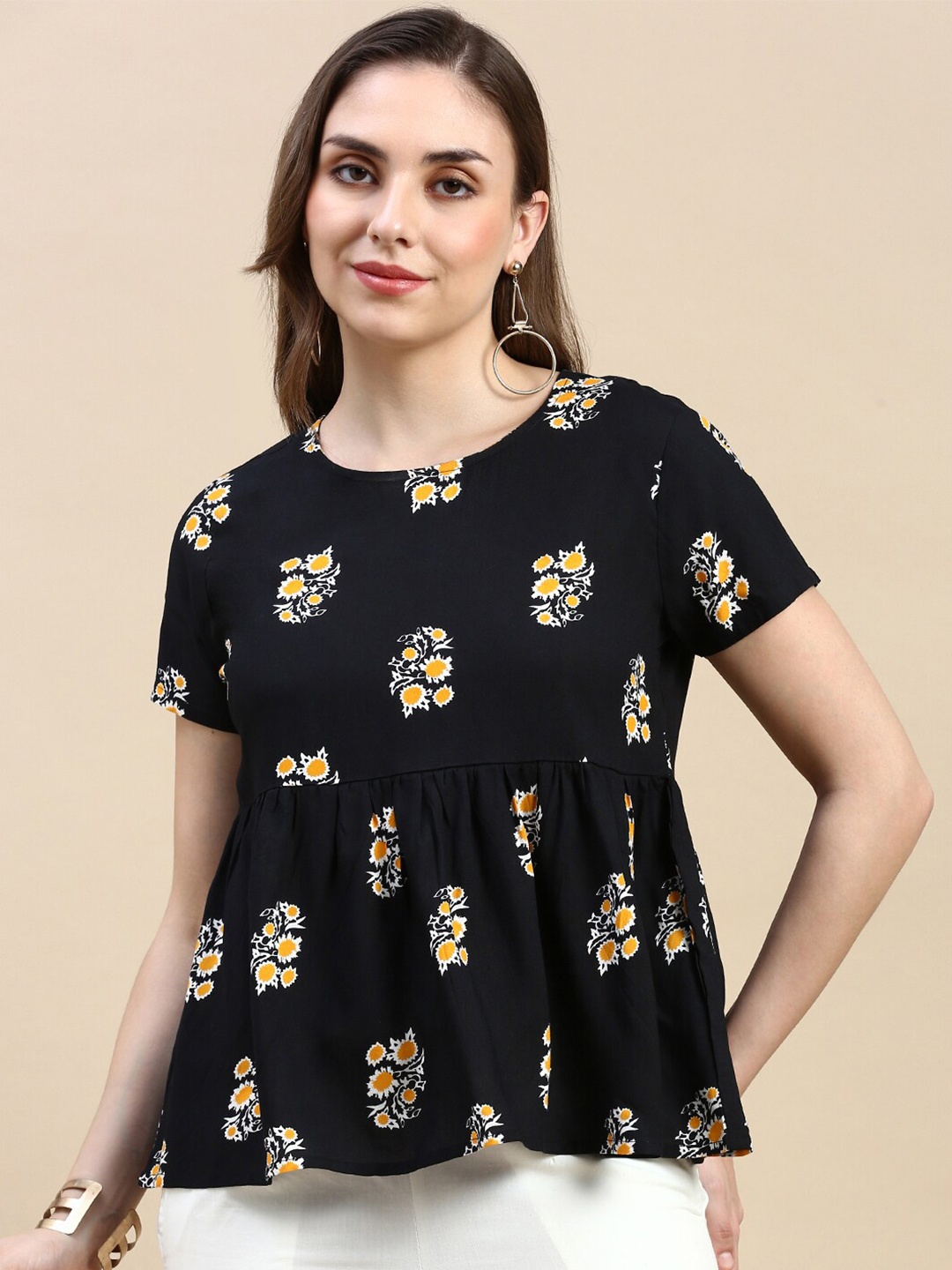 

De Moza Floral Printed Top, Black