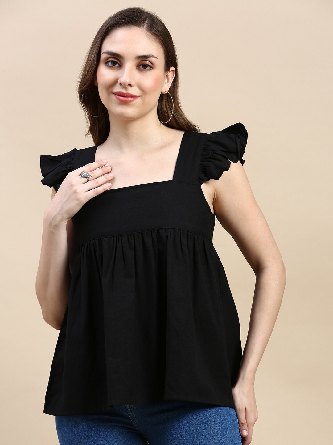 

De Moza Flutter Sleeve Cotton Crop Top, Black