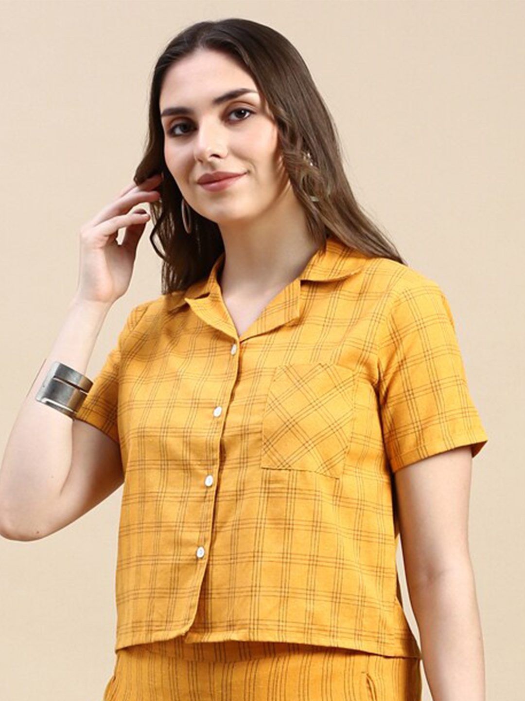 

De Moza Checked Cotton Shirt Style Top, Mustard