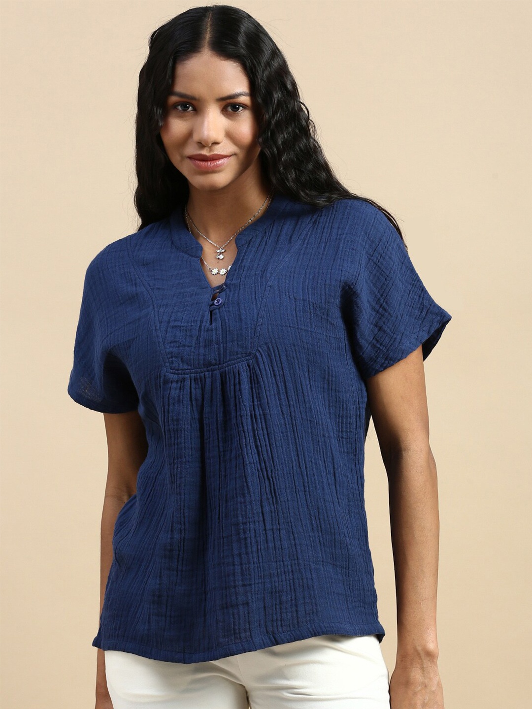 

De Moza Striped Mandarin Collar Extended Sleeves Cotton Top, Navy blue