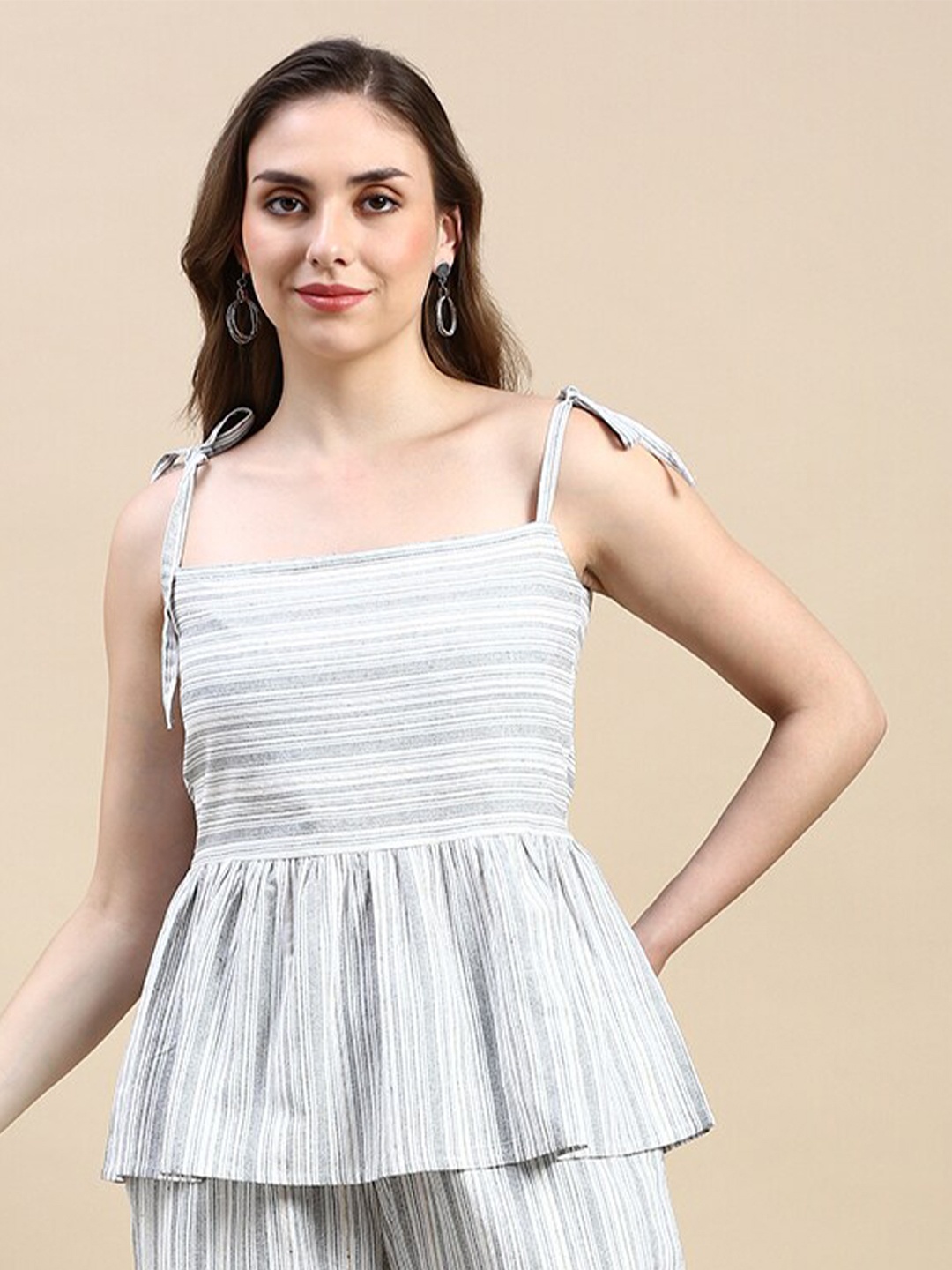 

De Moza Striped Cotton Cinched Waist Longline Top, Off white