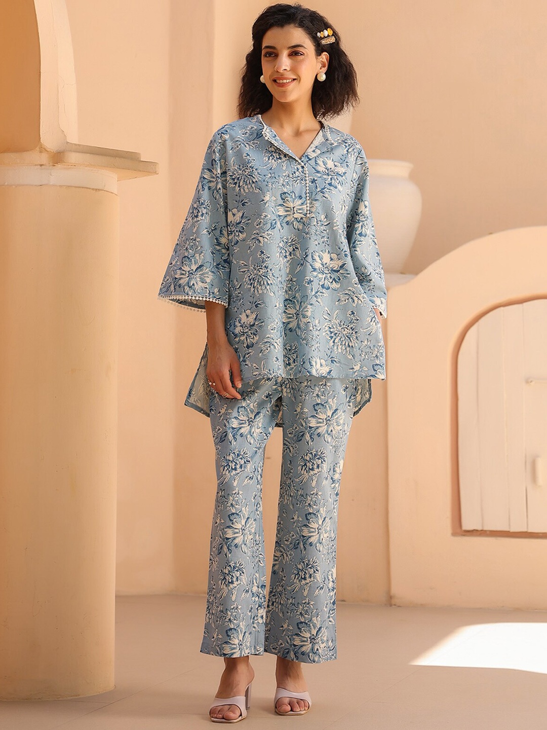 

JISORA Floral Printed Shirt Collar Pure Cotton Tunic With Trouser, Blue
