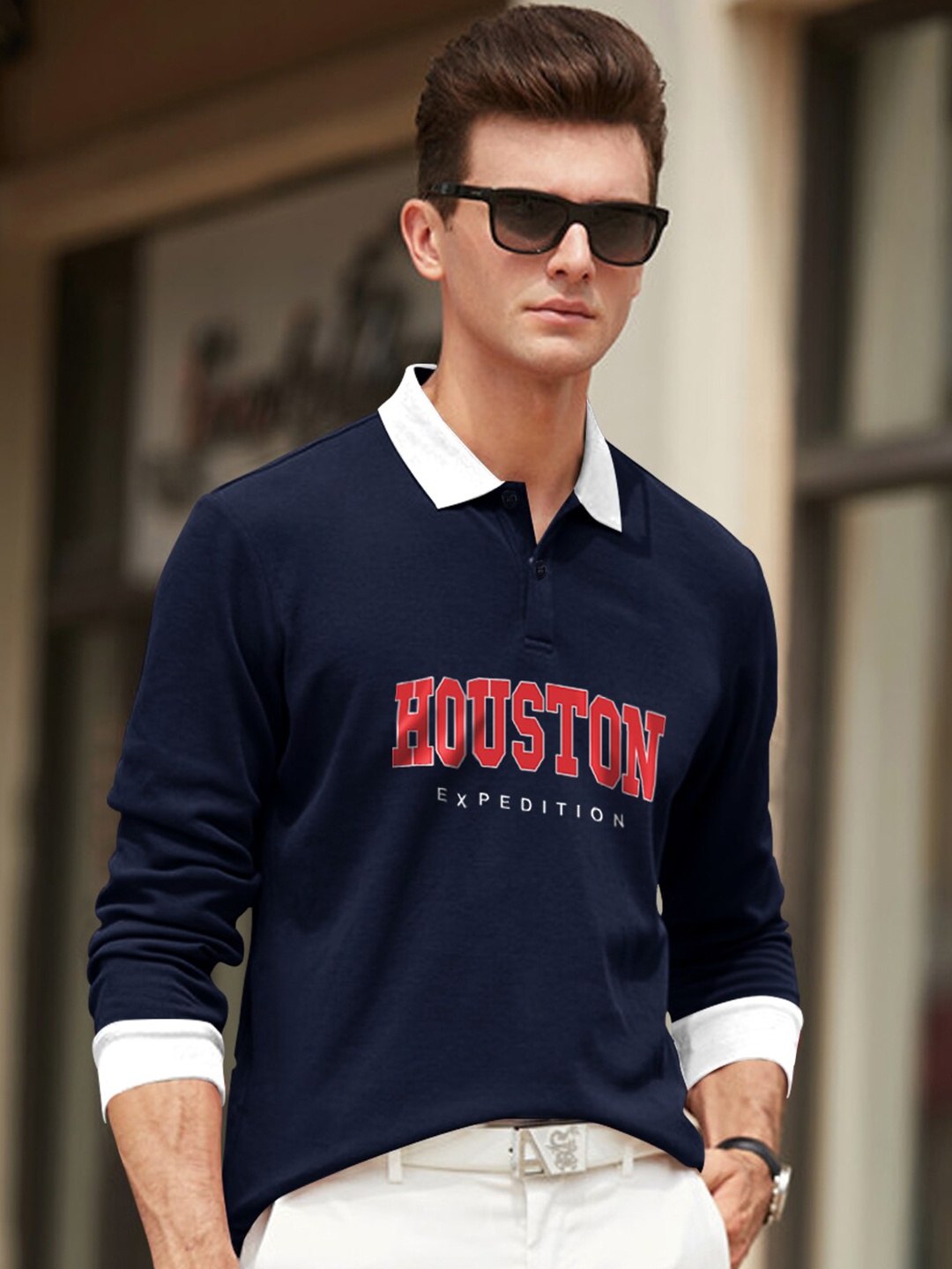 

Eyebogler Typography Printed Polo Collar Cotton T-shirt, Navy blue