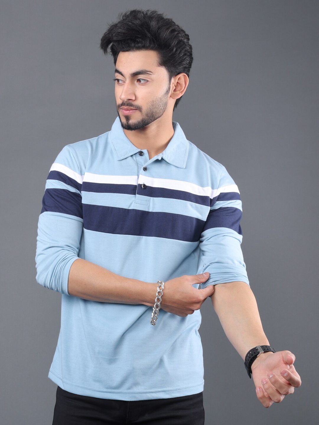 

Eyebogler Striped Polo Collar Cotton T-shirt, Blue